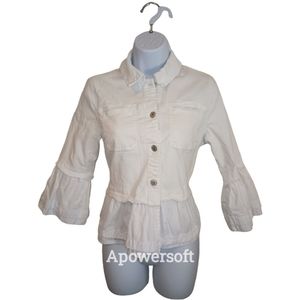 Style & Co White Denim Jean Jacket with Flowy Ruffle Hem and Sleeves with Collar